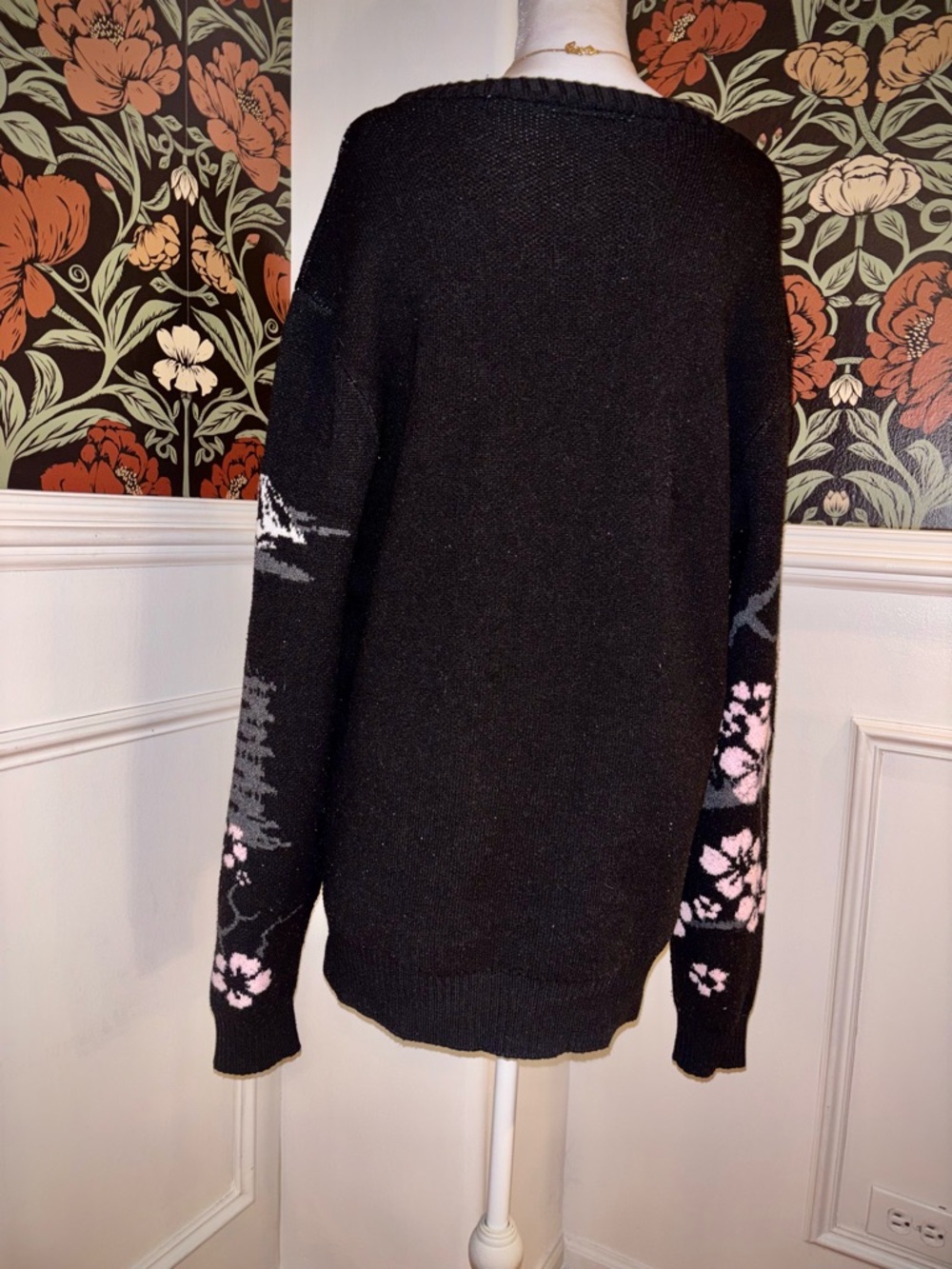 Japanese Crane Cherry Blossom Sweater Oversized Knit Dark Academia Pullover - Picture 5 of 5